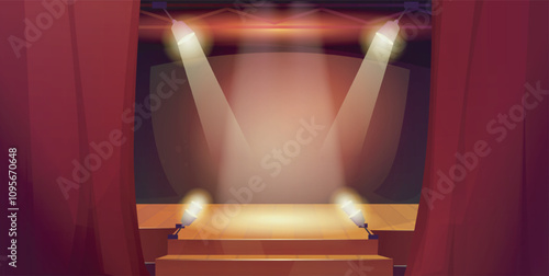 Theater stage concept. Pedesetal and scene with red curtains. Place for performance and concert. Spotlights under stage. Background and backdrop. Flat vector illustration