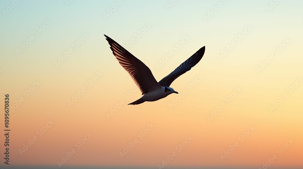 Fototapeta premium Freedom liberty and unrestricted, A bird gracefully soars against a colorful sunset sky, showcasing its wings in a tranquil and serene atmosphere.
