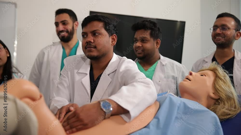 A group of Indian medical students learn to give birth on a mannequin.