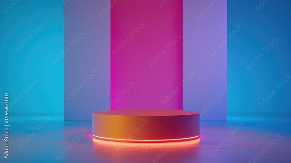 Illuminated Cylinder Platform Against a Blue, Purple, and Pink Wall Illuminated Cylinder Platform Against a Blue, Purple, and Pink Wall