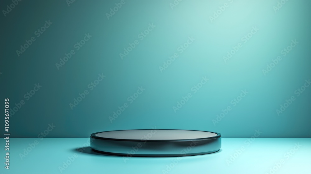 A Black Circular Pedestal on a Light Blue Background A Black Circular Pedestal on a Light Blue Background