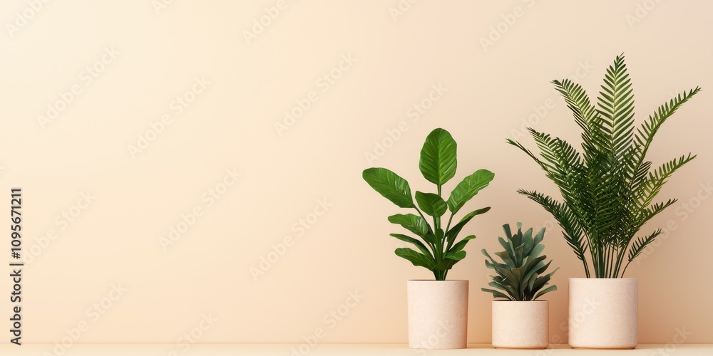 A serene display of potted plants on a minimalist background enhancing any decor. A serene display of potted plants on a minimalist background enhancing any decor.