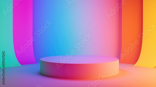 Circular Platform on a Gradient Background with Colorful Curved Shapes