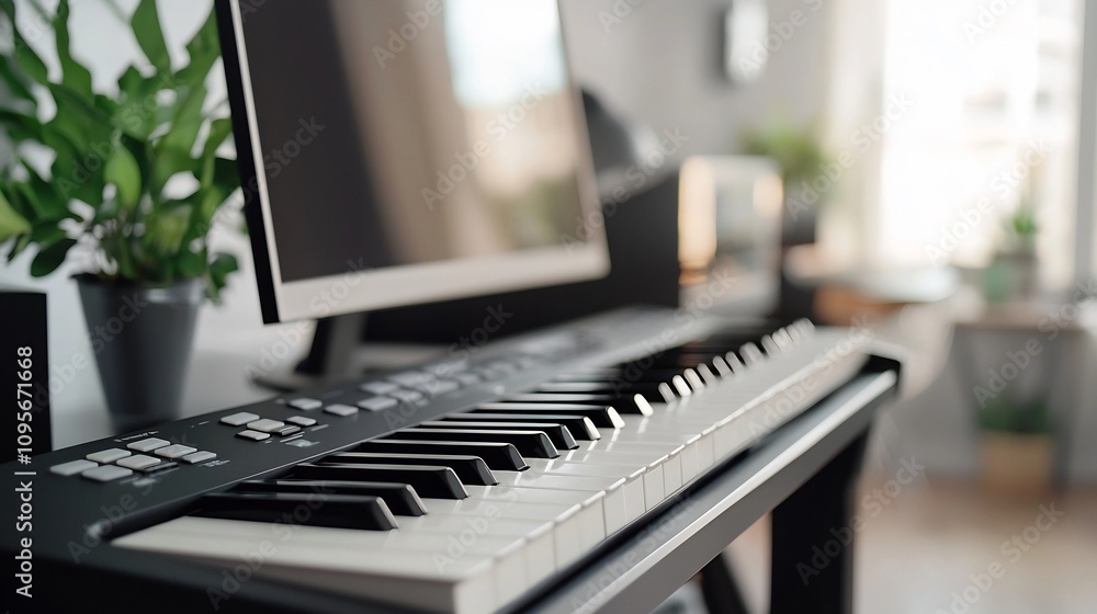 Sleek and Glossy Digital Keyboard Sitting in a Modern Minimalist Studio Setting with Monochromatic Decor and Streamlined Design Elements Sleek and Glossy Digital Keyboard Sitting in a Modern Minimalist Studio Setting with Monochromatic Decor and Streamlined Design Elements