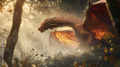 Wallpaper Mural Majestic mythical dragon with scales shimmering in shades of gold, orange, and crimson, sprawled across a mystical ancient forest, surrounded by misty atmosphere. Crimson Dragon Flight. Illustration Torontodigital.ca