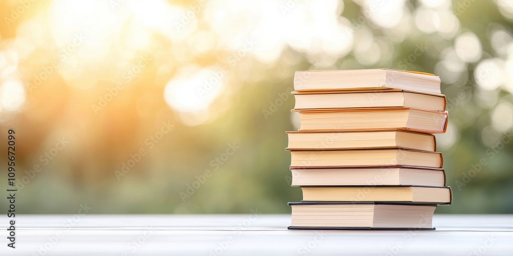 A stack of books illuminated by soft sunlight, perfect for reading and relaxation. A stack of books illuminated by soft sunlight, perfect for reading and relaxation.