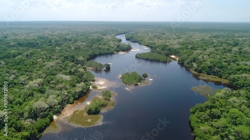 Stunning aerial view of a lush verdant tropical rainforest with a winding river cascading into a series of picturesque waterfalls