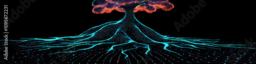 Futuristic Digital Tree with Neon Roots and Canopy in Abstract Cyberspace Scene Symbolizing Technology, Innovation, and Connectivity on Black Background