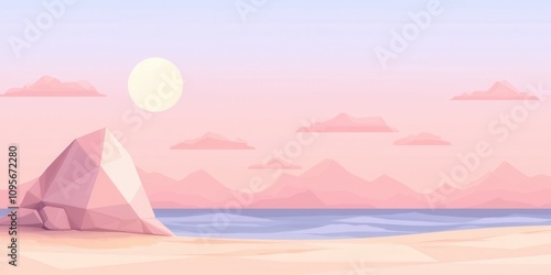 A tranquil beach scene with a calming sunset and vibrant geometric elements.