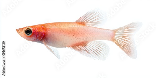 A vibrant orange fish with delicate fins swimming gracefully in clear water.