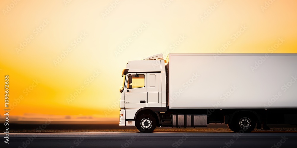 A white delivery truck driving on a highway during a vibrant sunset. A white delivery truck driving on a highway during a vibrant sunset.