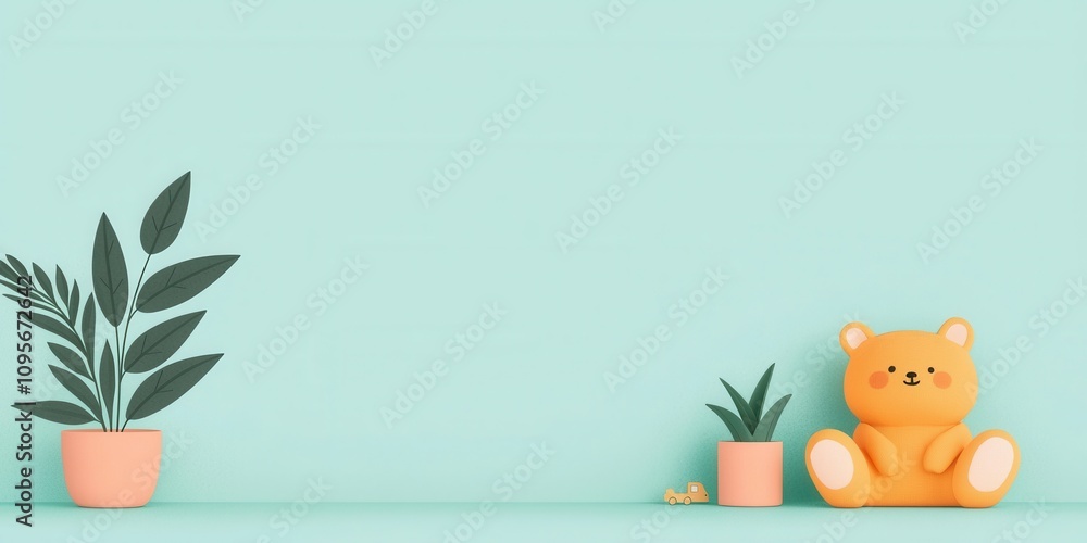 Fototapeta premium A whimsical scene featuring a cute bear toy alongside decorative potted plants.