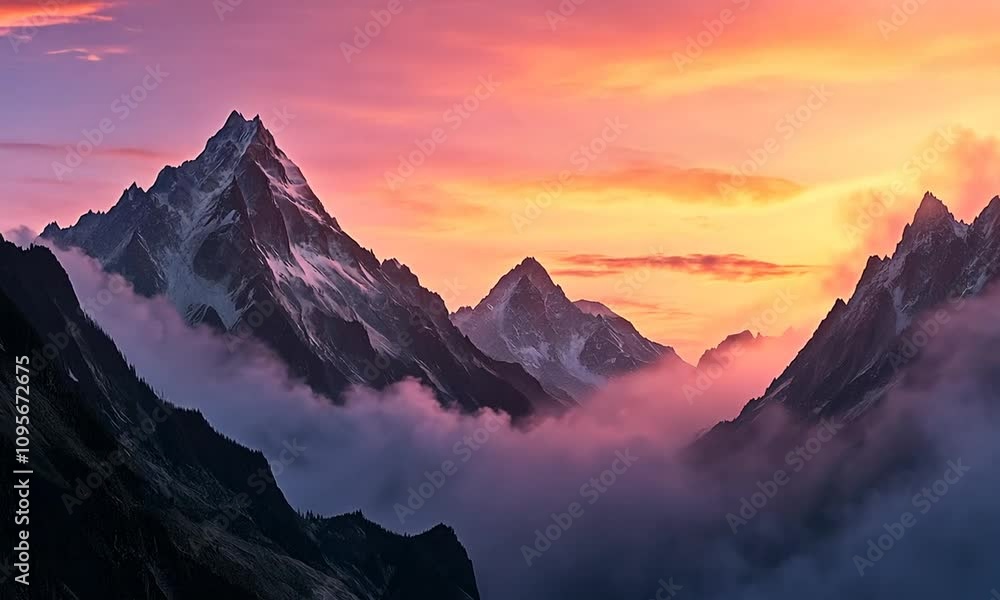 Majestic sunset over snow-capped mountains and clouds. Majestic sunset over snow-capped mountains and clouds.