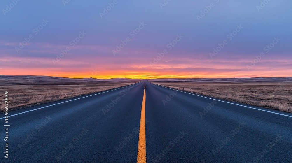 Naklejka premium Freedom liberty and unrestricted, A serene road stretches into the horizon beneath a vibrant sunset, showcasing a blend of colors in the sky and a sense of tranquility.
