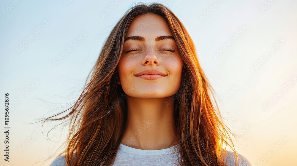 A serene woman with long hair smiles gently against a golden sunset backdrop, exuding calmness and happiness. A serene woman with long hair smiles gently against a golden sunset backdrop, exuding calmness and happiness.