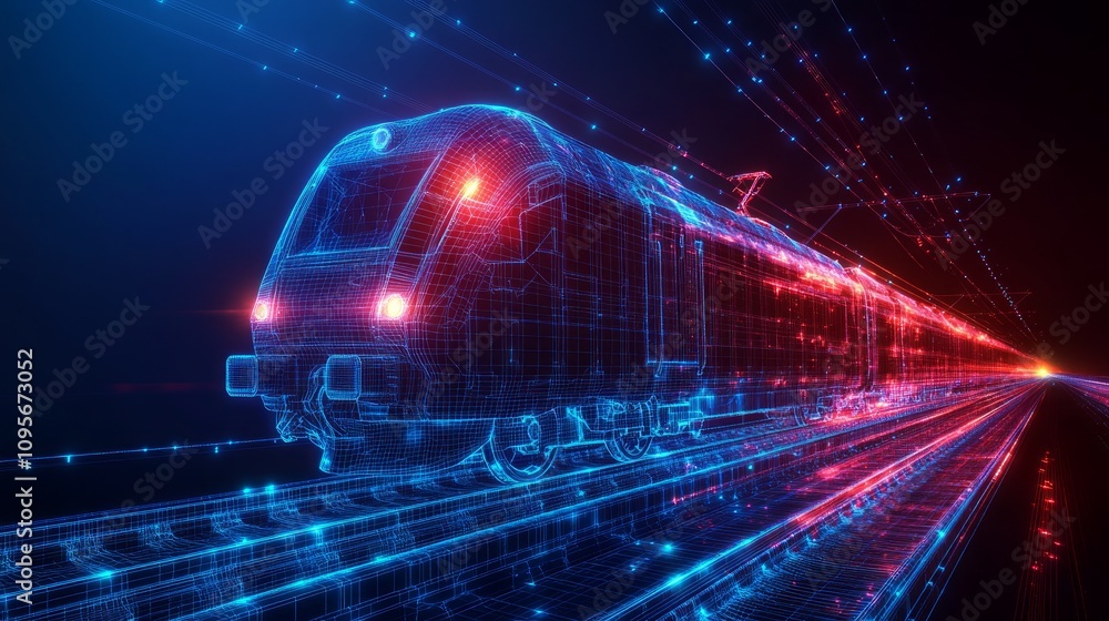 Futuristic high-speed train in motion, depicted as a digital wireframe. Futuristic high-speed train in motion, depicted as a digital wireframe.