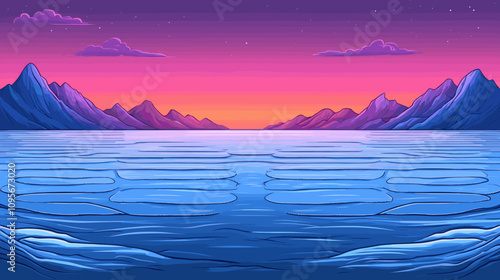 Stunning Sunset Over Cartoon Mountains and Ocean with Pink and Purple Sky Reflections in Calm Sea and Cloud Accents - Serene Coastal Evening Landscape Art
