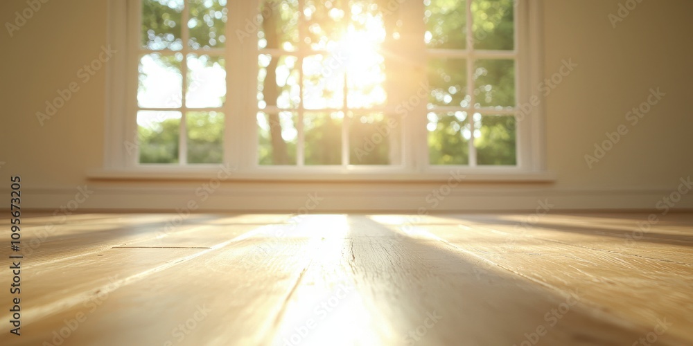 Fototapeta premium Bright sunlight streaming through the window on a wooden floor, creating a warm atmosphere.
