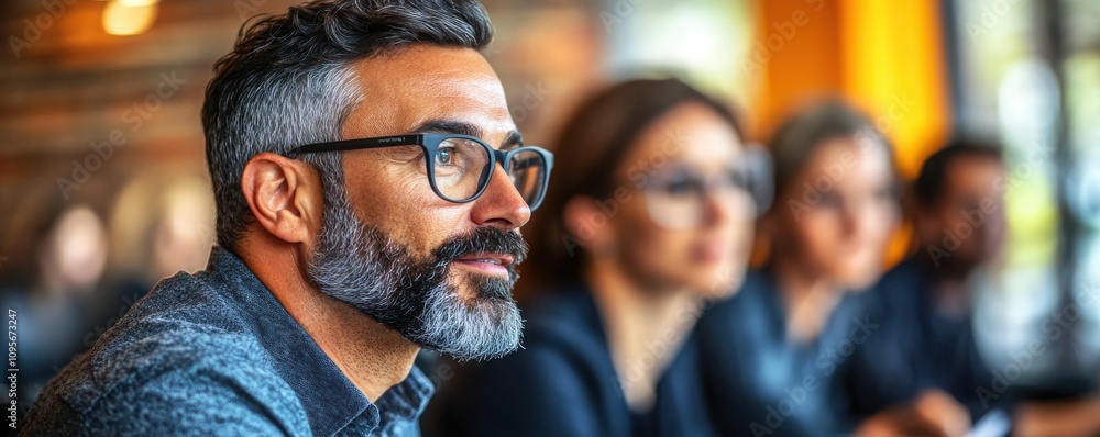 Fototapeta premium Thoughtful Man in Glasses Engaged in Meeting with Diverse Professionals, Reflecting on Ideas and Solutions in a Bright Business Environment