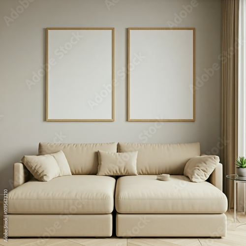 A minimalist living room with a beige sectional sofa, two blank frames on the wall, a coffee table with a plant and a cup, and sheer curtains covering a window.