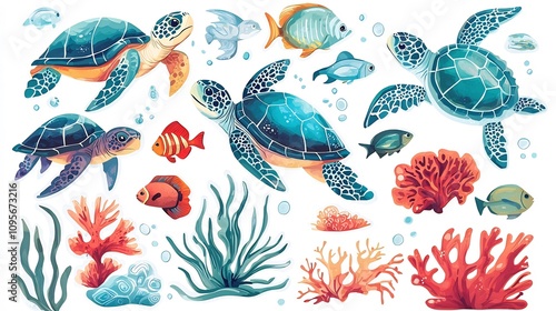 Vibrant and Colorful Underwater Sticker Featuring a Variety of Sea Creatures Like Turtles Fish Corals and Other Marine Life in a Lively Aquatic Style Background photo