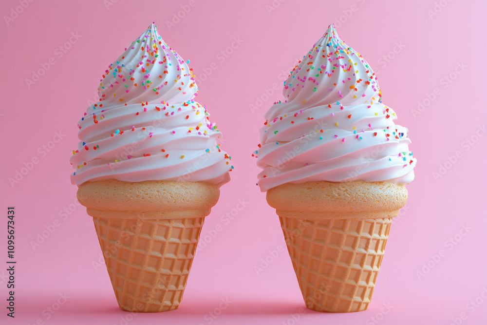 Two ice cream cones with sprinkles on a colorful background. Two ice cream cones with sprinkles on a colorful background.