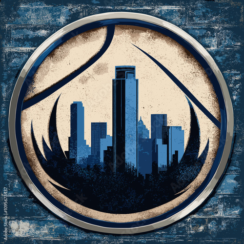 Modern Urban Skyline Silhouette Emblem with Blue High-Rise Buildings Encircled by Artistic Frame Against Textured Abstract Background in Striking Graphic Design