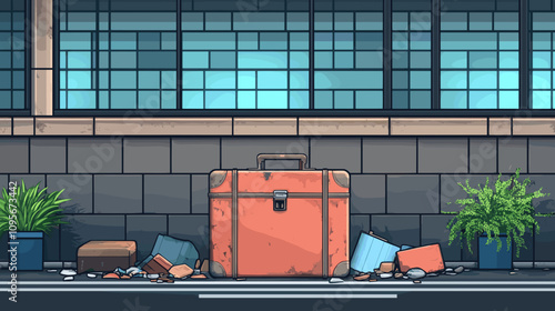 Abandoned Luggage in Urban Street Scene with Brick Wall, Plants, and Books - Discover the Story Behind the Stray Suitcase on City Pavement