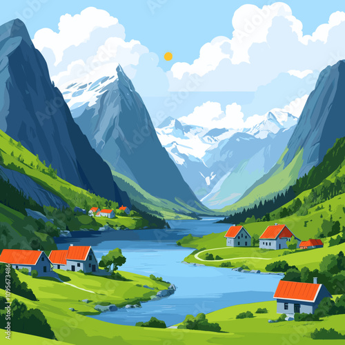 Majestic Mountain Valley Landscape with Lush Green Meadows, Red-Roofed Houses, Flowing River, and Snow-Capped Peaks Under a Vibrant Sky in Serene Countryside