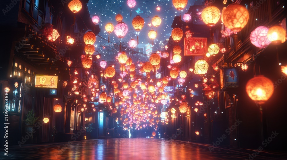 Night street, lanterns, fantasy. Night street, lanterns, fantasy.