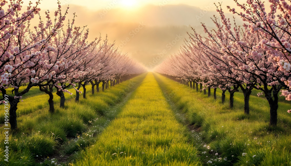 Fototapeta premium Orchard in Bloom Under Golden Light - with rows of blossoming fruit trees v1