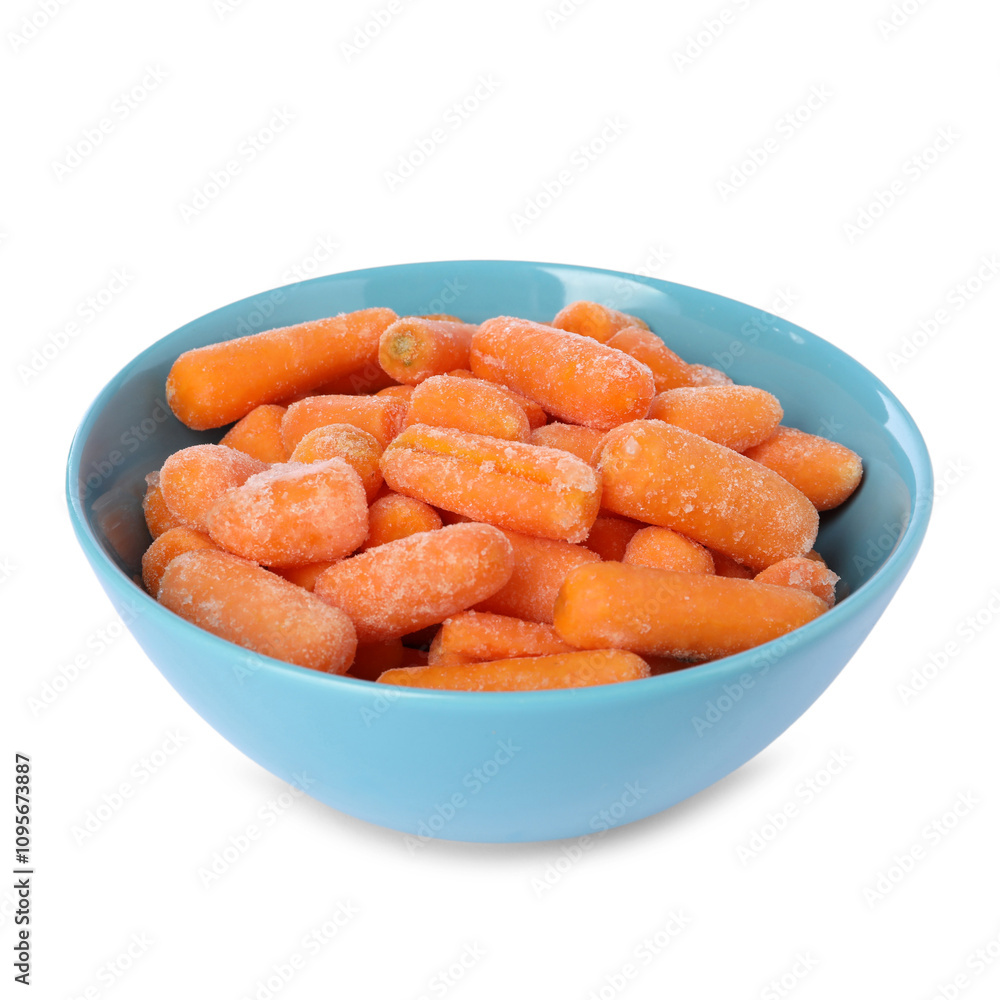 Frozen baby carrots in bowl isolated on white Frozen baby carrots in bowl isolated on white