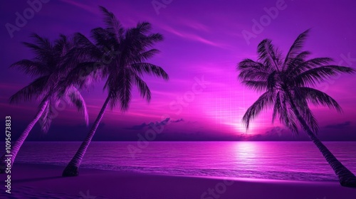 Purple sunset beach palm trees.