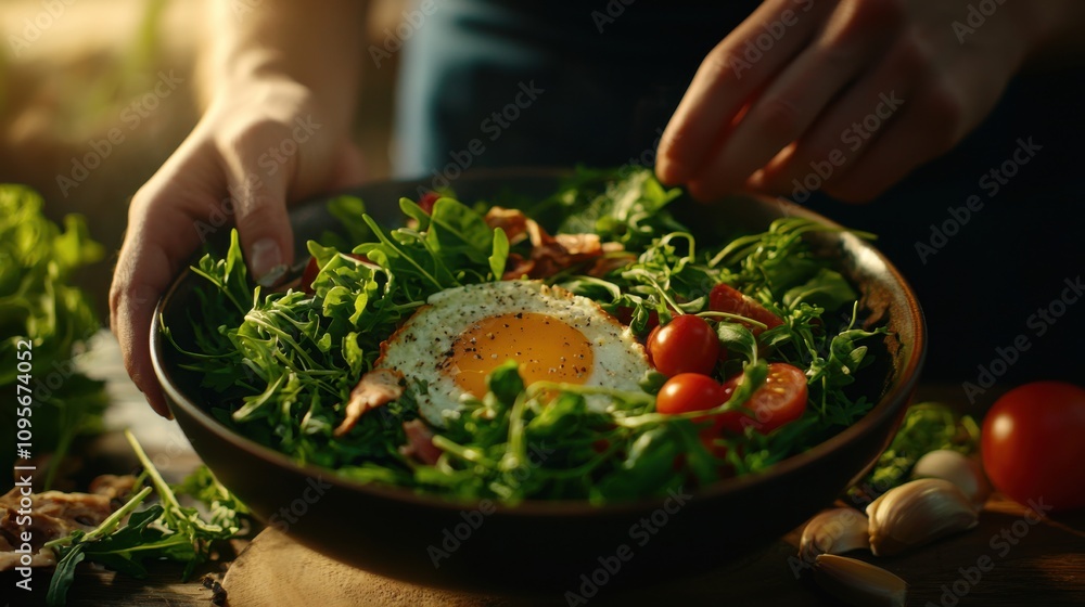 A person is preparing a vibrant salad with fresh greens, cherry tomatoes, and a sunny-side-up egg, showcasing healthy eating and culinary creativity. A person is preparing a vibrant salad with fresh greens, cherry tomatoes, and a sunny-side-up egg, showcasing healthy eating and culinary creativity.