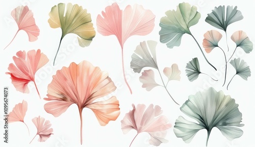 Soft pastel ginkgo leaves in various shapes and sizes, showcasing delicate textures and colors. Elegant botanical design ideal for natural-themed projects.