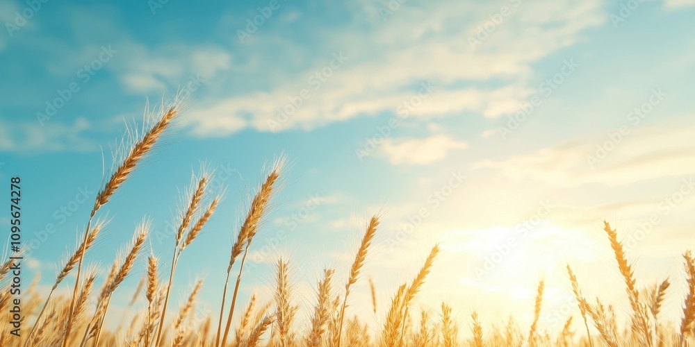 Obraz premium Golden wheat field under a bright sky with soft clouds during the sunset hours.