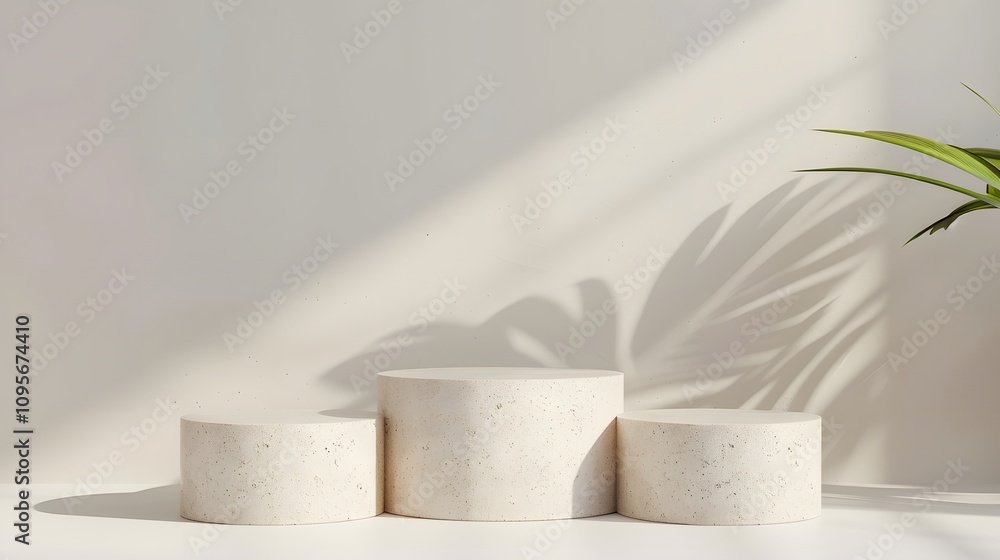 Three minimalist white podiums with a leaf shadow on a white background. Three minimalist white podiums with a leaf shadow on a white background.