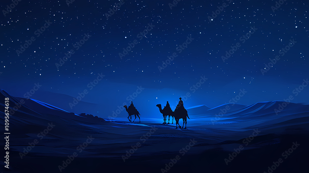 Silhouetted camel riders traverse a desert under a starry night sky, capturing the essence of adventure and tranquility. Desert Starry Skies. Illustration Silhouetted camel riders traverse a desert under a starry night sky, capturing the essence of adventure and tranquility. Desert Starry Skies. Illustration