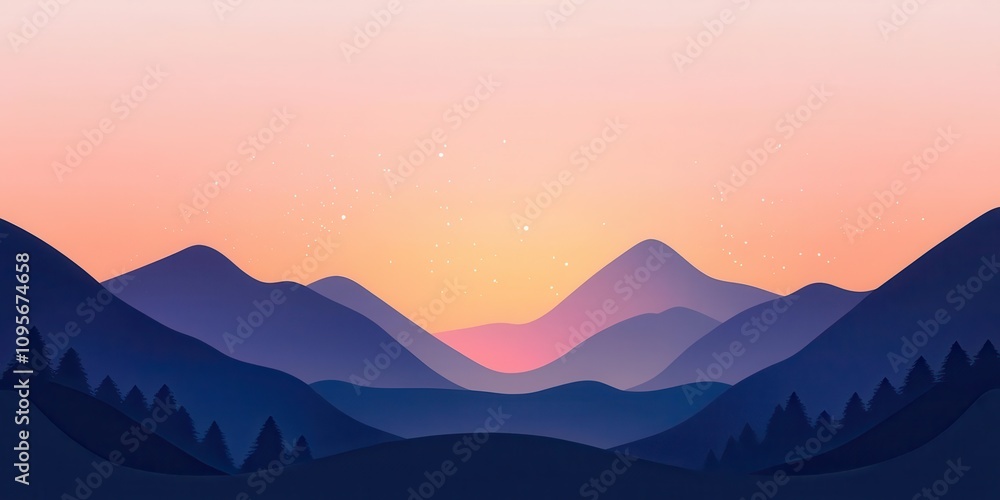 Obraz premium Serene mountain landscape at sunset with soft colors blending in the sky.