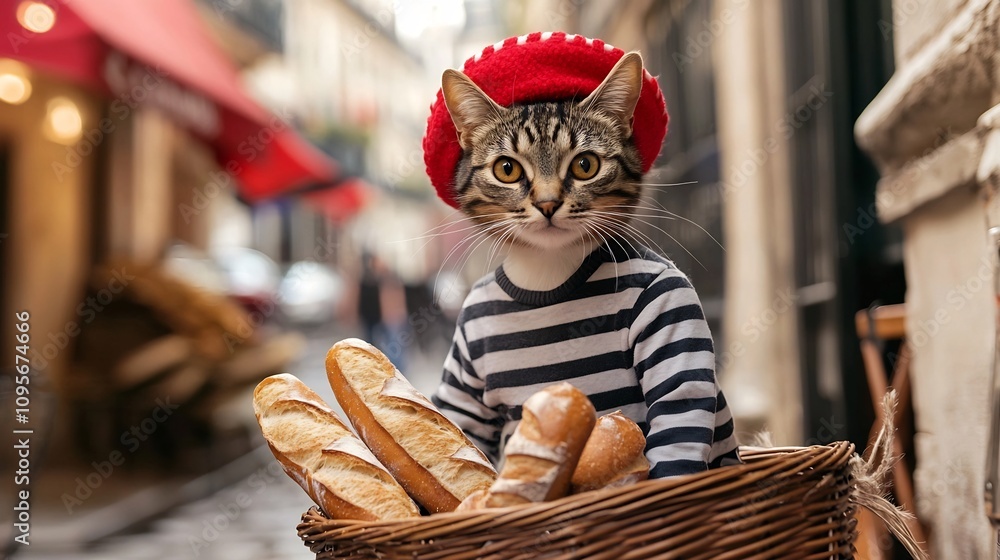Whimsical scene of a cat dressed in a classic French beret and striped shirt sitting next to a wicker basket filled with fresh baguettes in a quaint Parisian backdrop Whimsical scene of a cat dressed in a classic French beret and striped shirt sitting next to a wicker basket filled with fresh baguettes in a quaint Parisian backdrop