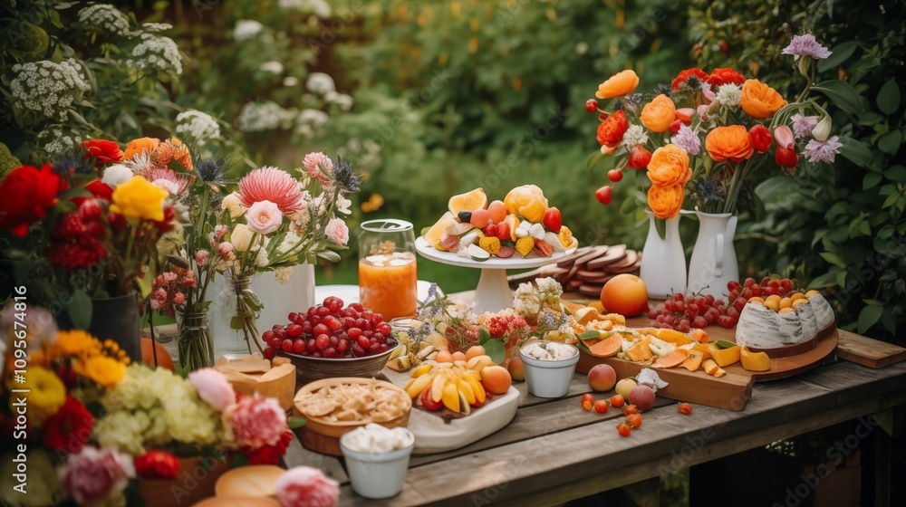 different flowers and food on the table different flowers and food on the table