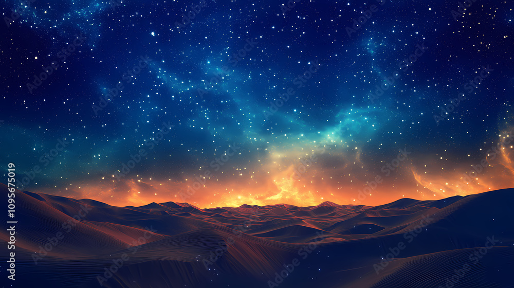 A vast desert landscape under the starry night sky. Desert Starry Skies. Illustration A vast desert landscape under the starry night sky. Desert Starry Skies. Illustration