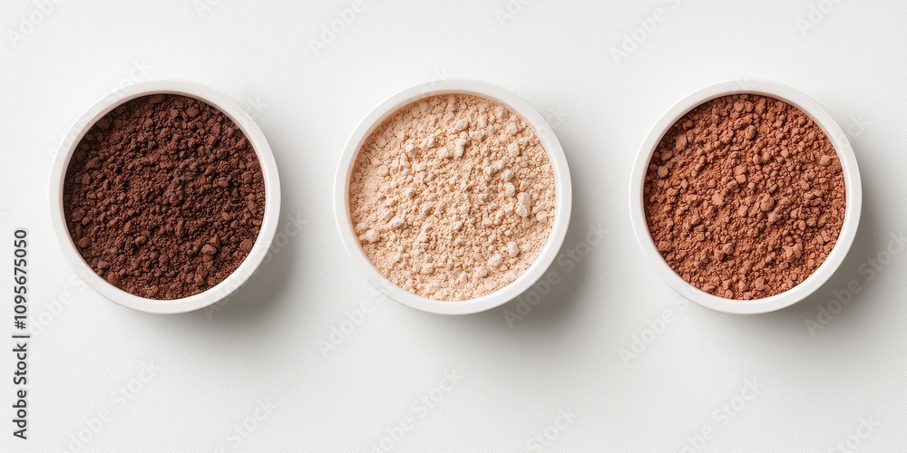 Three bowls of colored powders arranged in a row on a clean, minimal surface. Three bowls of colored powders arranged in a row on a clean, minimal surface.