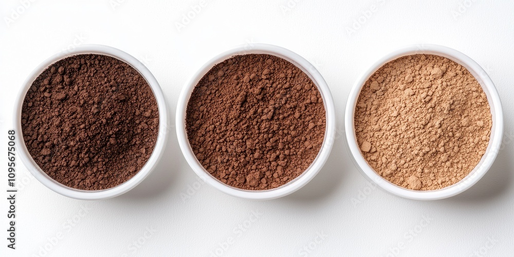 Three bowls of different cocoa powder shades for baking or cooking needs. Three bowls of different cocoa powder shades for baking or cooking needs.