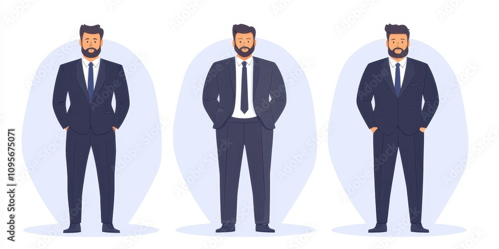 Three business men in suits showcasing various professional styles and postures. Three business men in suits showcasing various professional styles and postures.