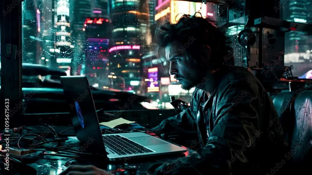 Hacker engaged in late night coding on a laptop amidst a neon lit cityscape Hacker engaged in late night coding on a laptop amidst a neon lit cityscape