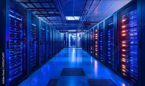 Illuminated server room with rows of data storage racks.