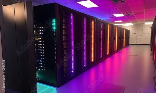 Illuminated server racks in a modern data center.