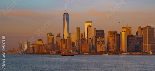 Manhattan skyline with WTC. Financial District NYC. Twin Towers memorial. World Trade Center over Hudson river.