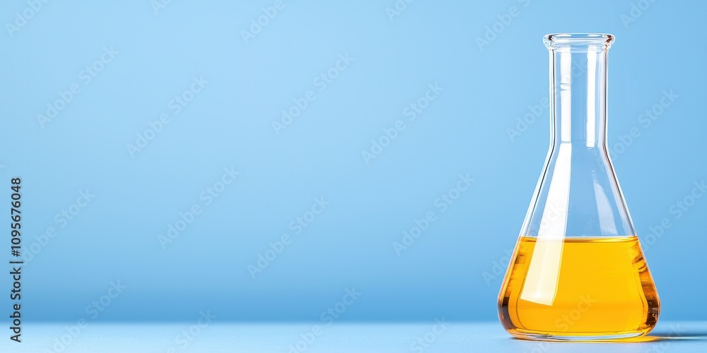 A clear laboratory flask filled with yellow liquid against a light blue background. A clear laboratory flask filled with yellow liquid against a light blue background.